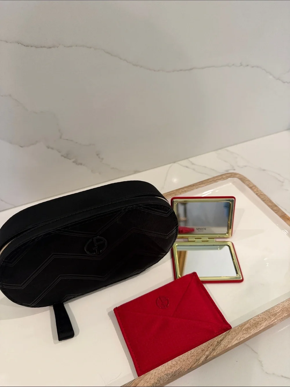 Giorgio Armani Black Pouch and Gold-Trim Compact Mirror